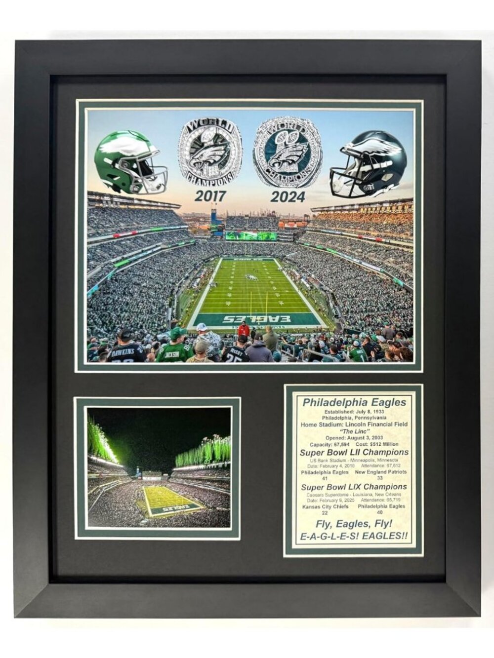Collectible Eagles Championship Rings & Helmets Framed Photo Collage 12x15